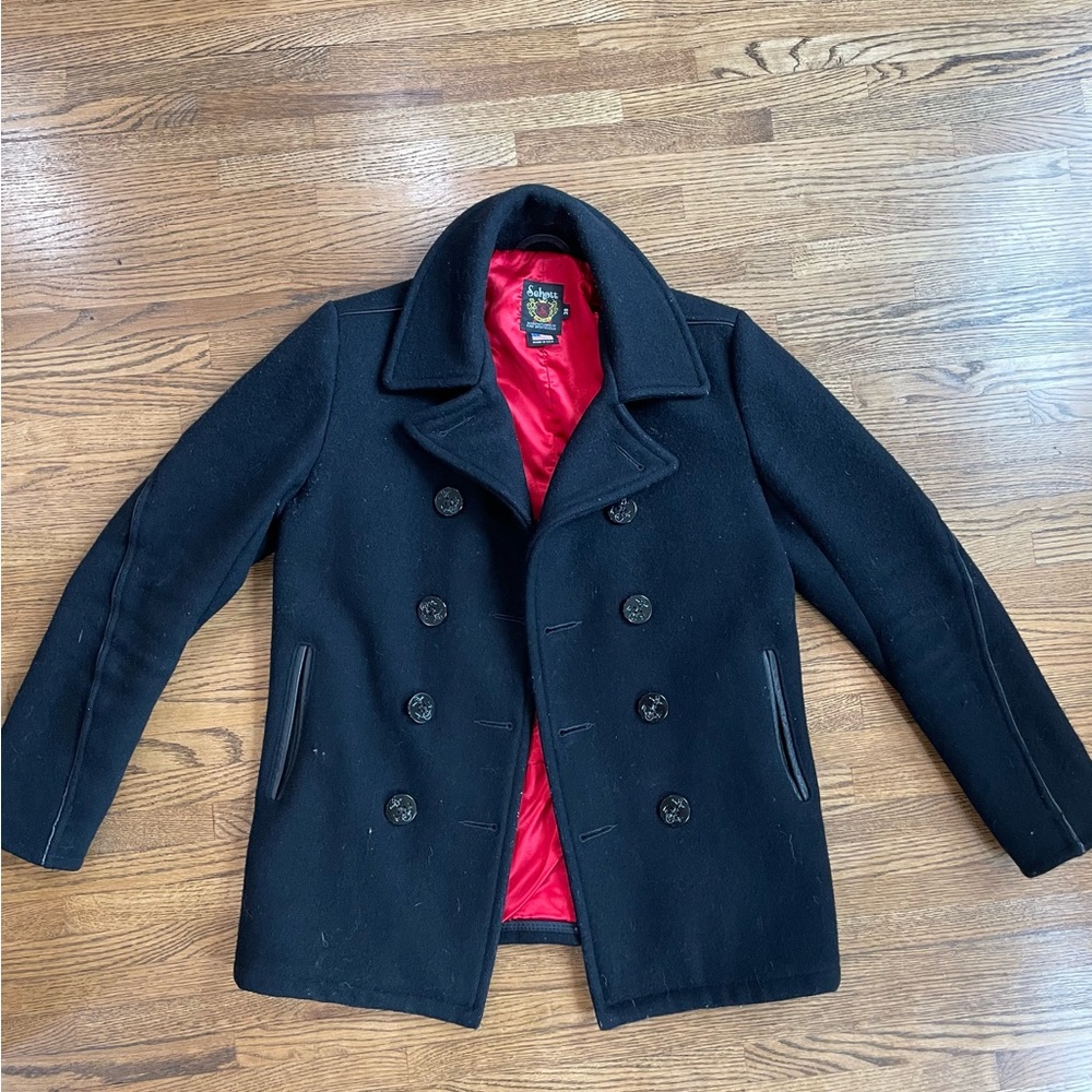Schott Leather Trim Wool Peacoat 740C Naval Pea Coat size 38 Red Lining EUC